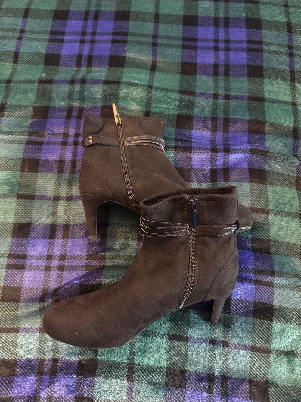dressbarn Black Suede-Look Ankle Booties with Side Zip and Wrap Detail